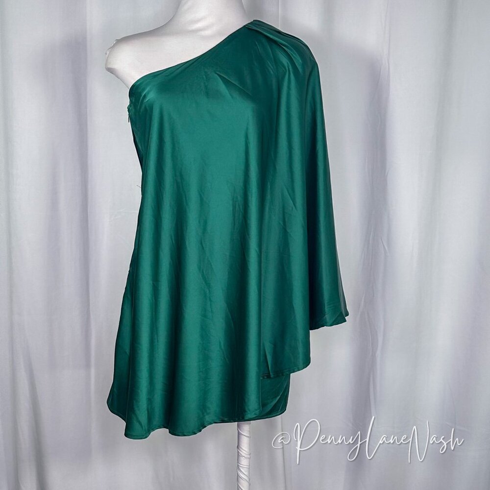 TCEC Satin Draped One Shoulder Mini Dress Green NWT - Picture 2 of 16